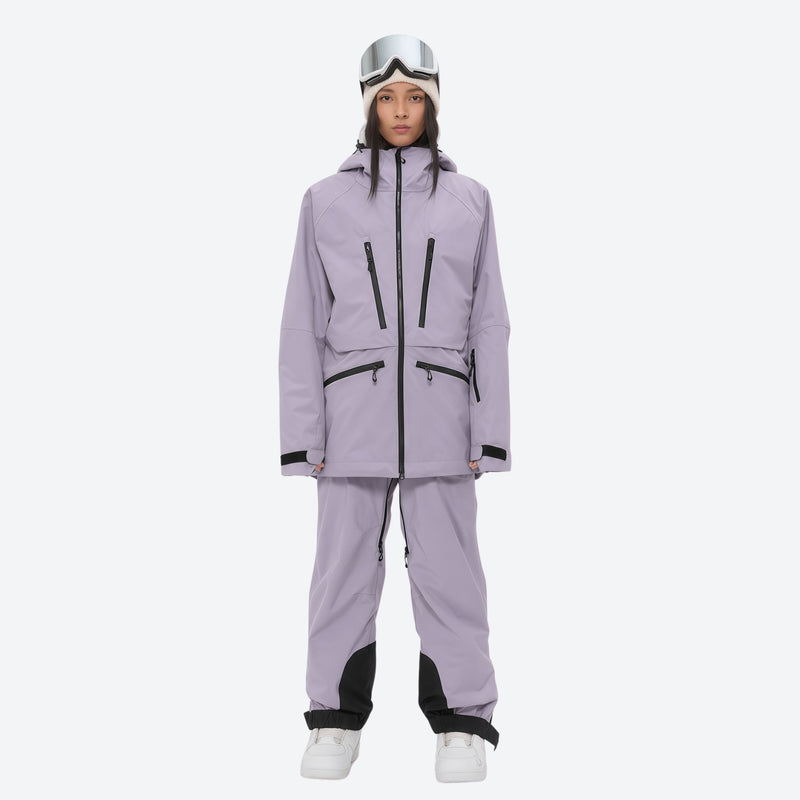 Women's adjustable ski pants with suspenders - lavender, on-model front view, for skiing and snowboarding