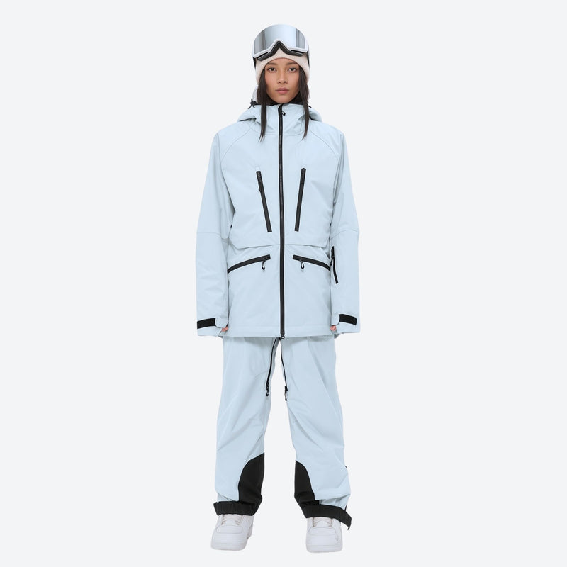 Women's adjustable ski pants with suspenders - ice blue, on-model front view, for skiing and snowboarding