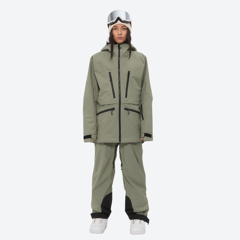 Women's adjustable ski pants with suspenders - olive green, on-model front view, for skiing and snowboarding