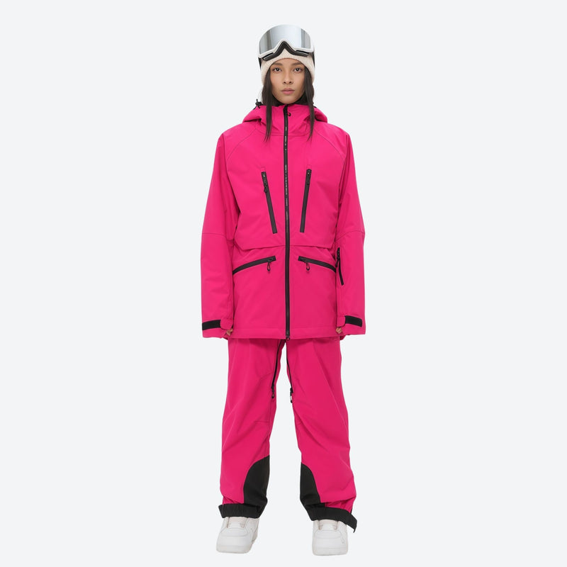 Women's adjustable ski pants with suspenders - magenta, on-model front view, for skiing and snowboarding