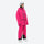 Women's 3L waterproof suspender snow pants - magenta, on-model hood side view, for resort and backcountry days