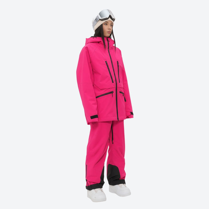 Women's 3L waterproof suspender snow pants - magenta, on-model hood side view, for resort and backcountry days