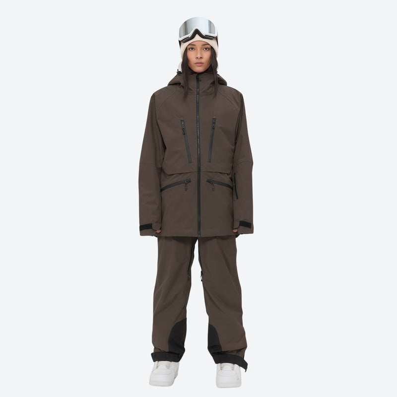 Insulated bib snow pants for women - coffee brown, on-model front view, for deep powder winter days