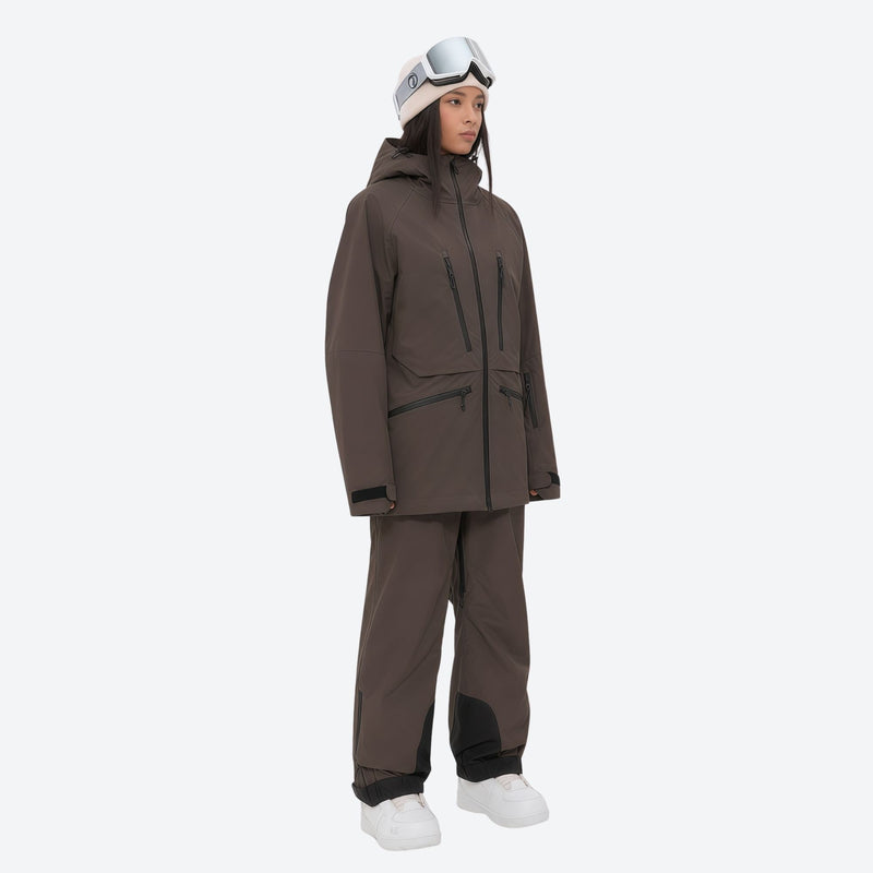 Women's adjustable ski pants with suspenders - coffee brown, for cold-weather winter sports