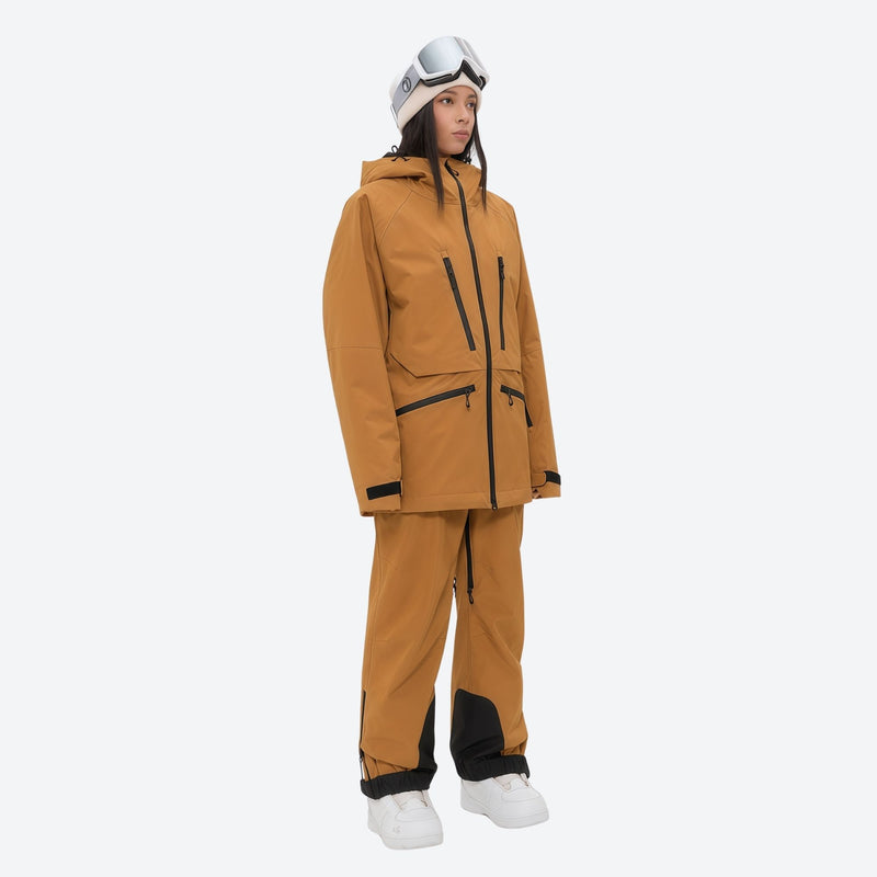 Women's adjustable ski pants with suspenders - mustard amber, for resort and backcountry days