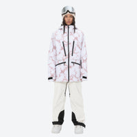 
                  
                    Insulated bib snow pants for women - white marble print jacket with white pants, for skiing and snowboarding
                  
                