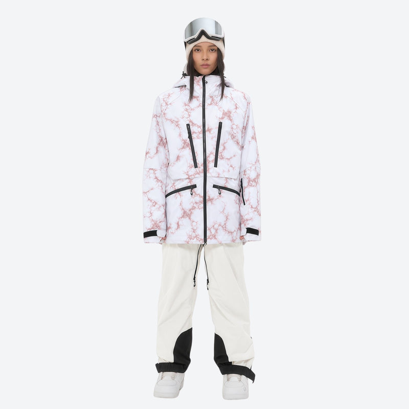 Insulated bib snow pants for women - white marble print jacket with white pants, for skiing and snowboarding