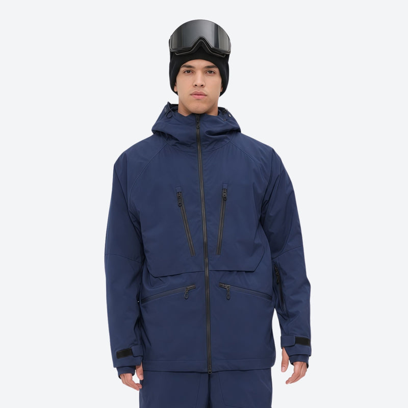 Men's adjustable ski pants with suspenders - navy, on-model front view, for deep powder winter days