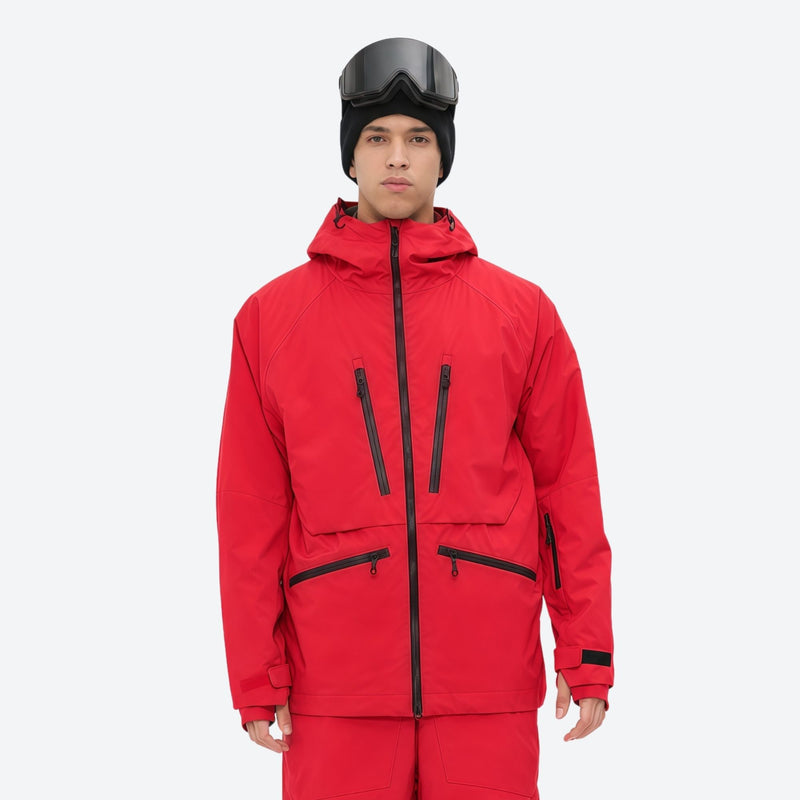 Men's adjustable ski pants with suspenders - red, on-model front view, for cold-weather winter sports