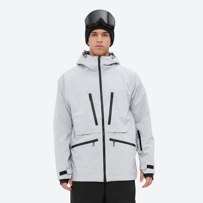 Men's 3L waterproof suspender snow pants - light gray, on-model front view, for skiing and snowboarding