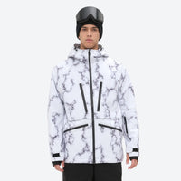 
                  
                    Men's adjustable ski pants with suspenders - white marble print, on-model front view, for cold-weather winter sports
                  
                