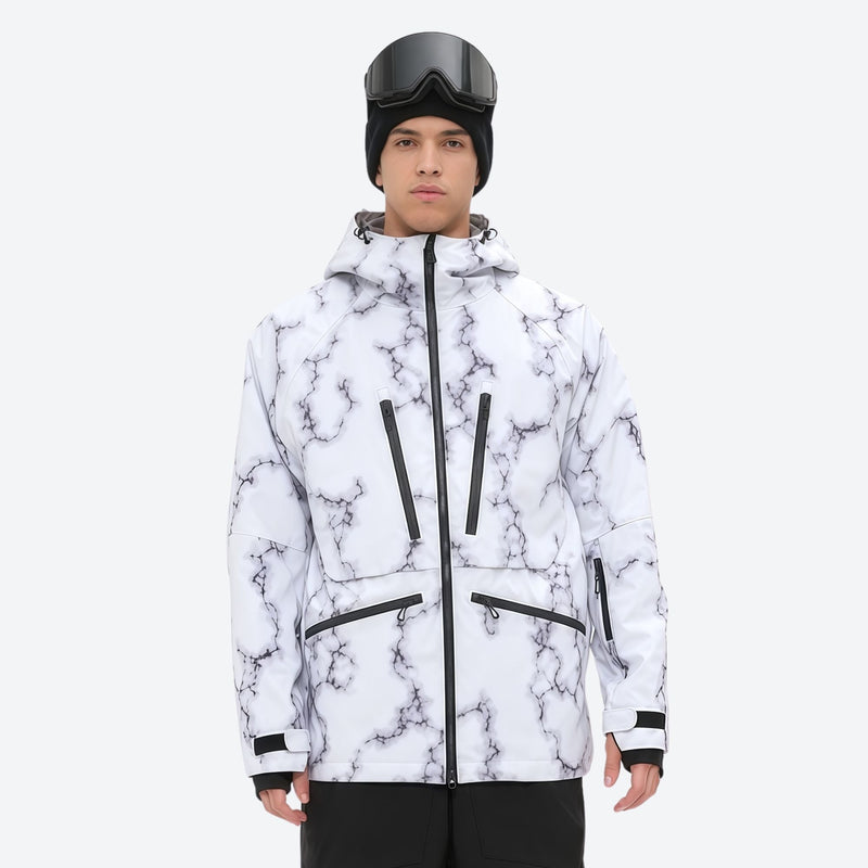 Men's adjustable ski pants with suspenders - white marble print, on-model front view, for cold-weather winter sports