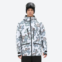 
                  
                    Insulated bib snow pants for men - gray camo print, on-model front view, for resort and backcountry days
                  
                