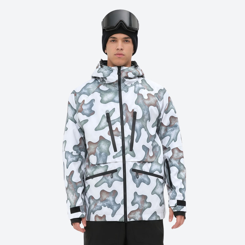 Insulated bib snow pants for men - gray camo print, on-model front view, for resort and backcountry days