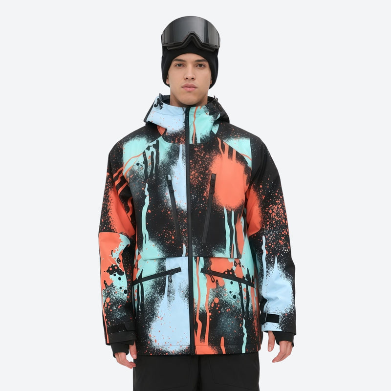 Men's 3L waterproof suspender snow pants - orange and blue abstract print, for resort and backcountry days