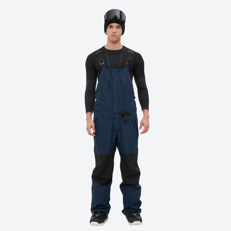 Men's adjustable ski pants with suspenders - navy bib pants with black knee patches, for cold-weather winter sports