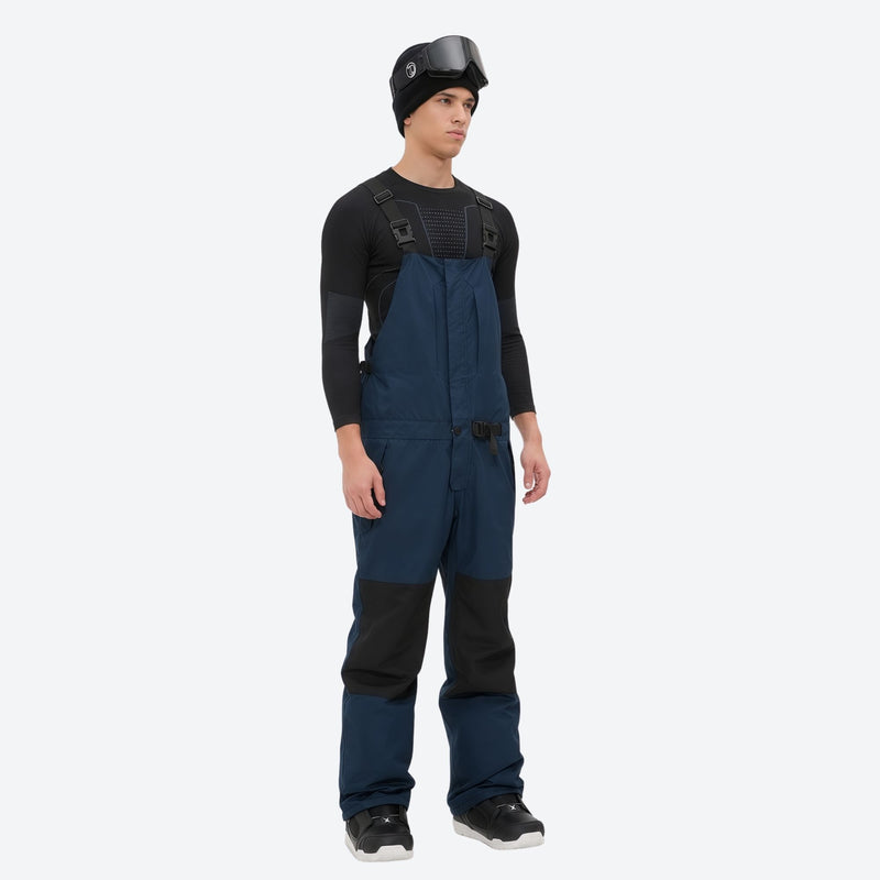 Men's 3L waterproof suspender snow pants - navy bib pants with black knee patches, for skiing and snowboarding
