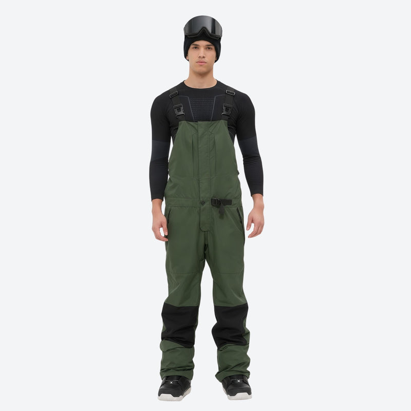 Men's 3L waterproof suspender snow pants - olive green bib pants with black knee patches, for cold-weather winter sports