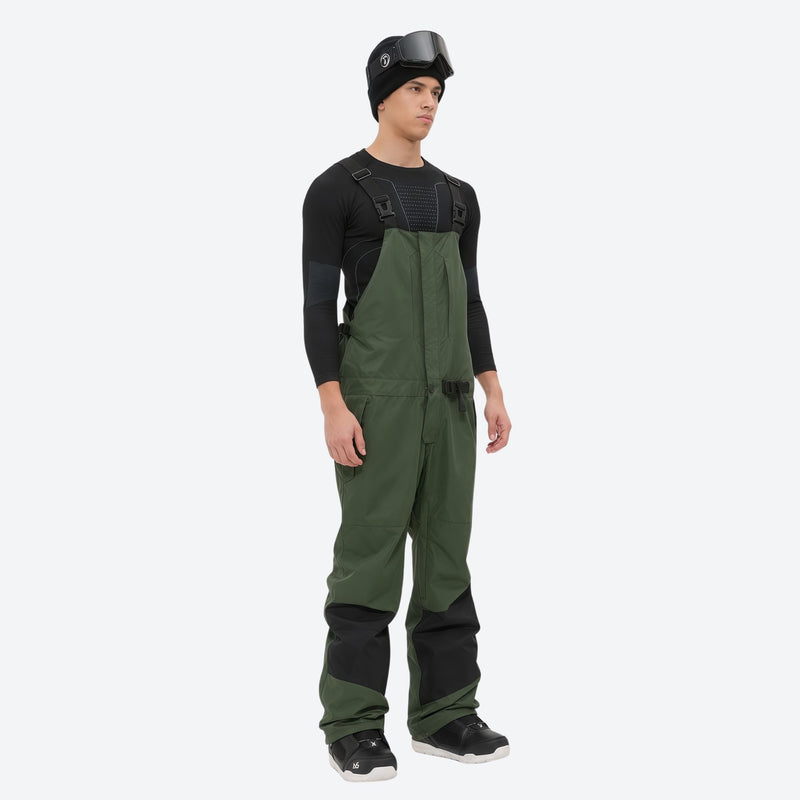 Insulated bib snow pants for men - olive green bib pants with black knee patches, for skiing and snowboarding