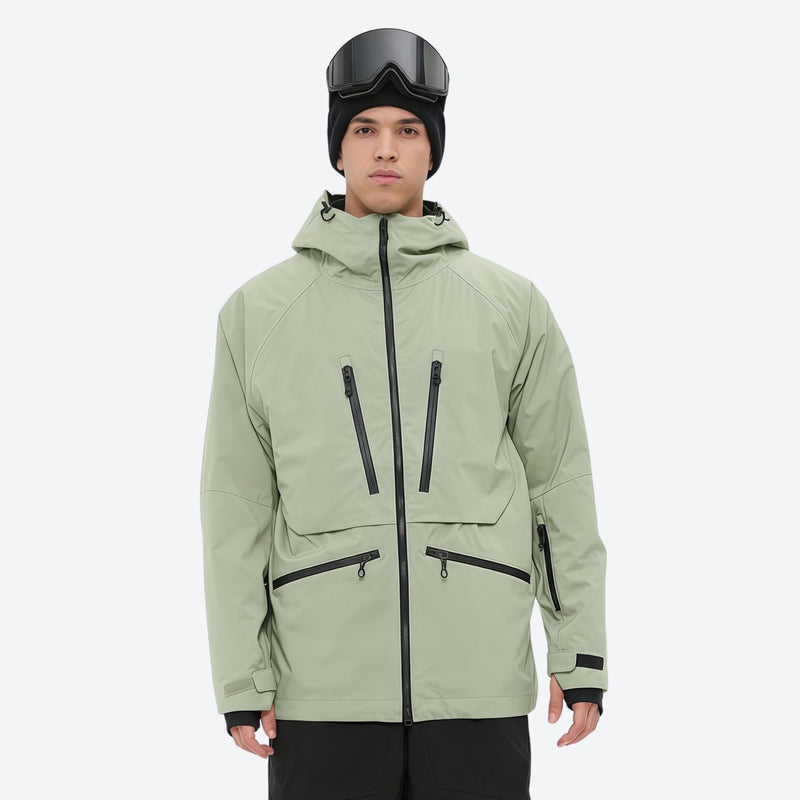 Men's adjustable ski pants with suspenders - sage green, on-model front view, for resort and backcountry days