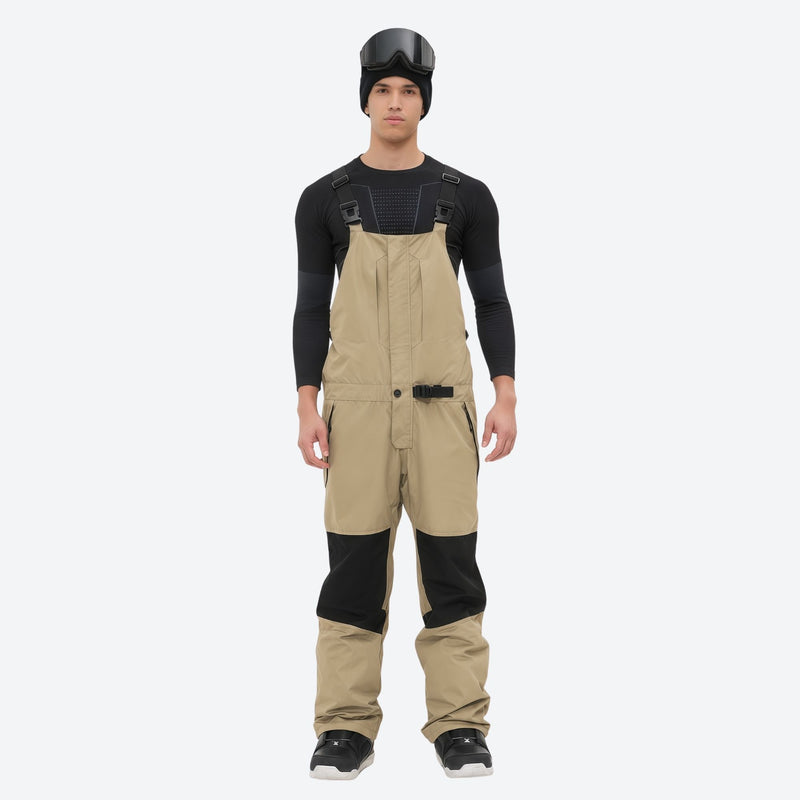 Insulated bib snow pants for men - tan bib pants with black knee patches, for resort and backcountry days