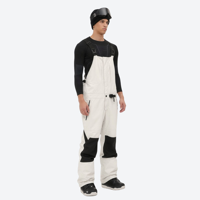 Men's 3L waterproof suspender snow pants - white bib pants with black knee patches, for deep powder winter days