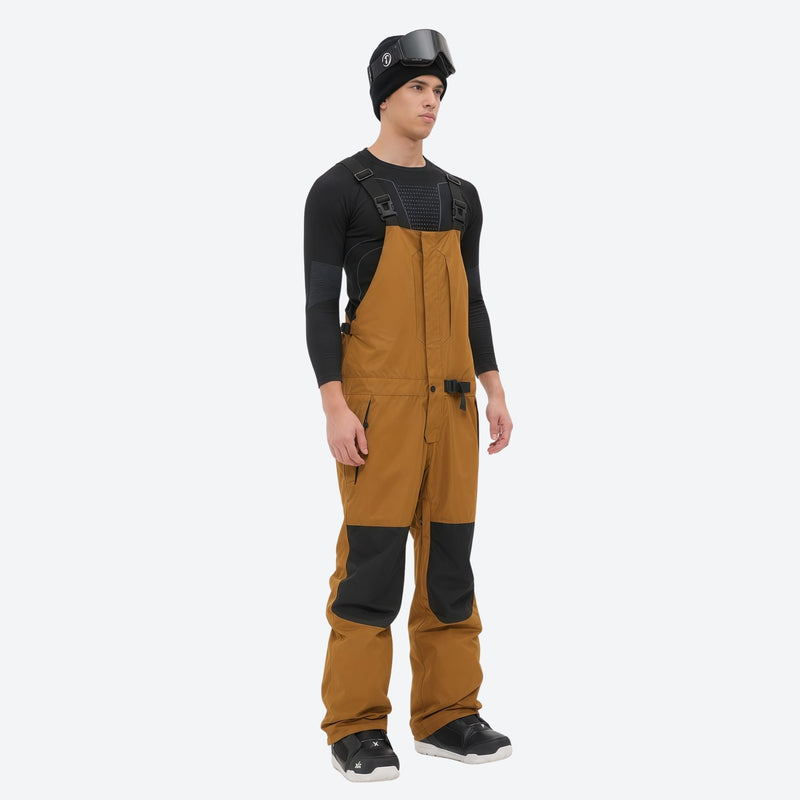 Men's adjustable ski pants with suspenders - amber bib pants with black knee patches, for skiing and snowboarding