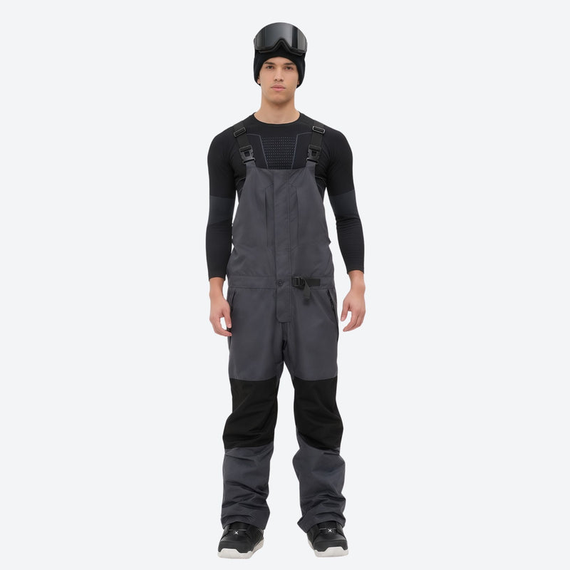 Men's 3L waterproof suspender snow pants - gray bib pants with black knee patches, for resort and backcountry days