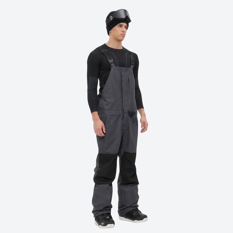Insulated bib snow pants for men - gray bib pants with black knee patches, for deep powder winter days