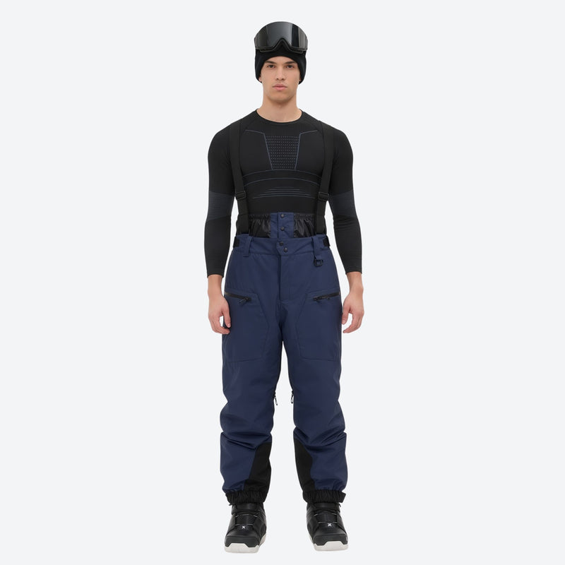Men's 3L waterproof suspender snow pants - navy bib pants, on-model front view, for cold-weather winter sports