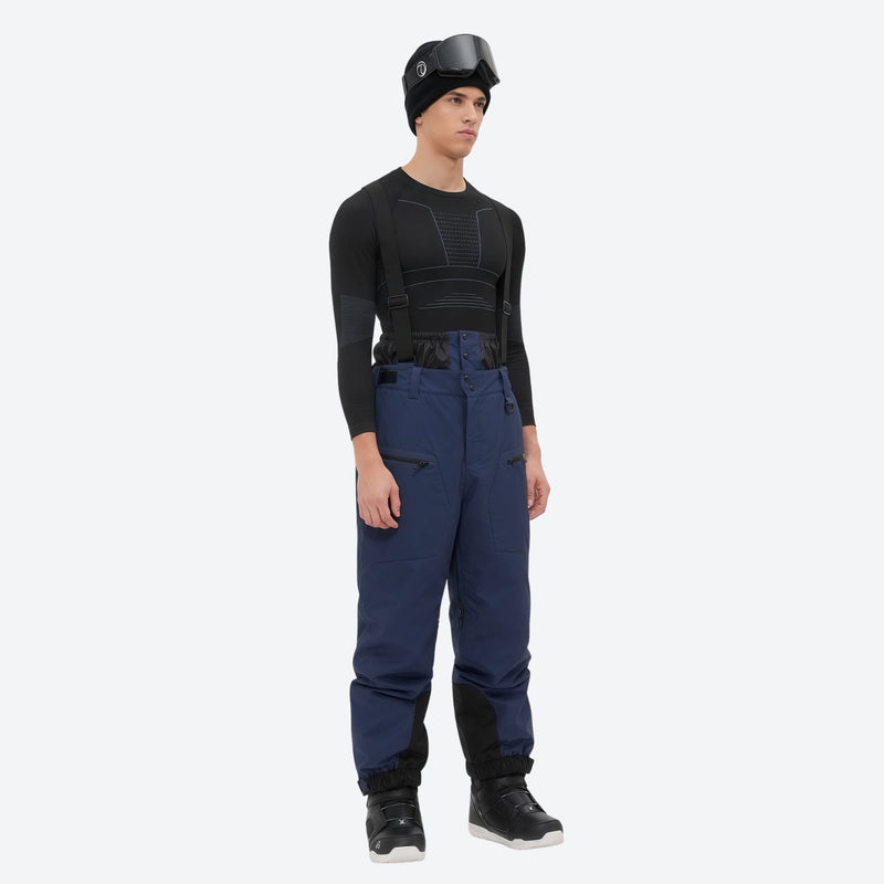 Insulated bib snow pants for men - navy bib pants, on-model side view, for skiing and snowboarding