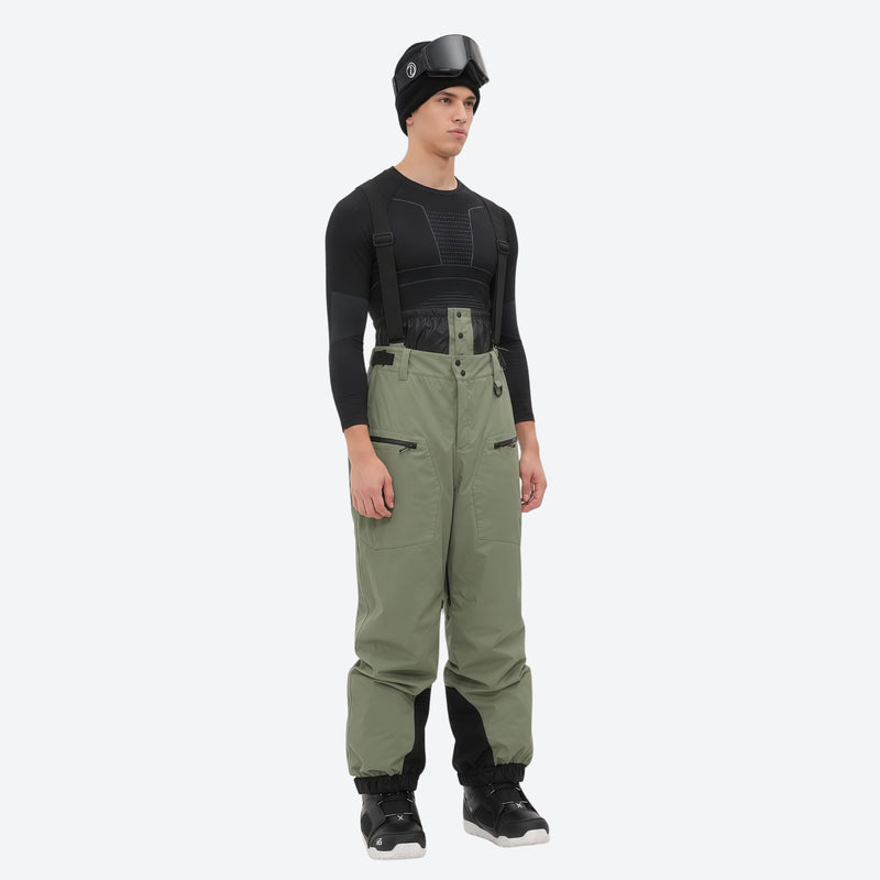 Men's 3L waterproof suspender snow pants - sage green bib pants, for resort and backcountry days