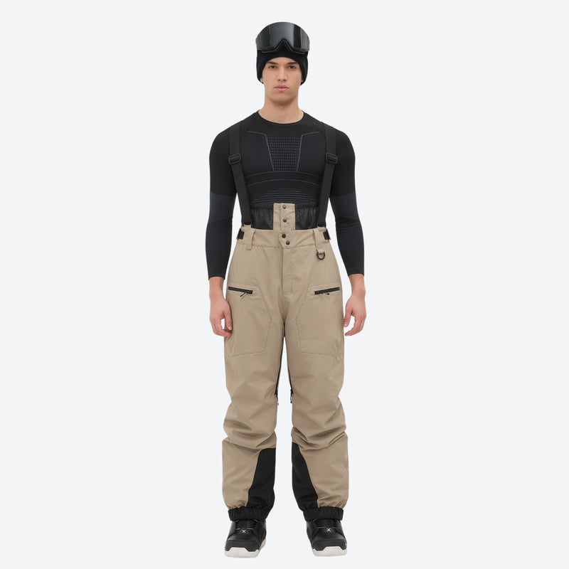 Insulated bib snow pants for men - tan bib pants, on-model front view, for deep powder winter days