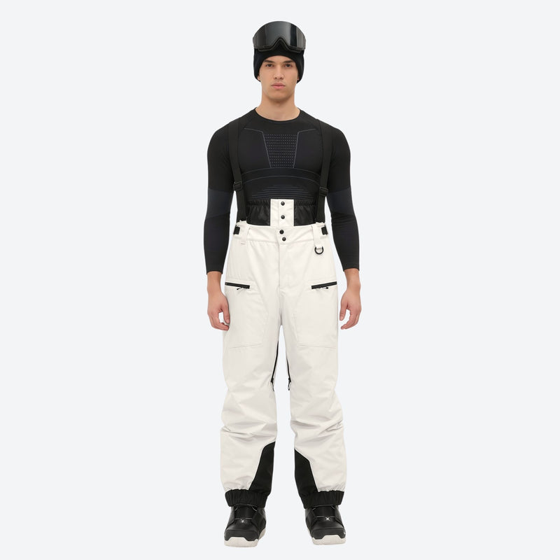 Insulated bib snow pants for men - cream bib pants, on-model front view, for resort and backcountry days