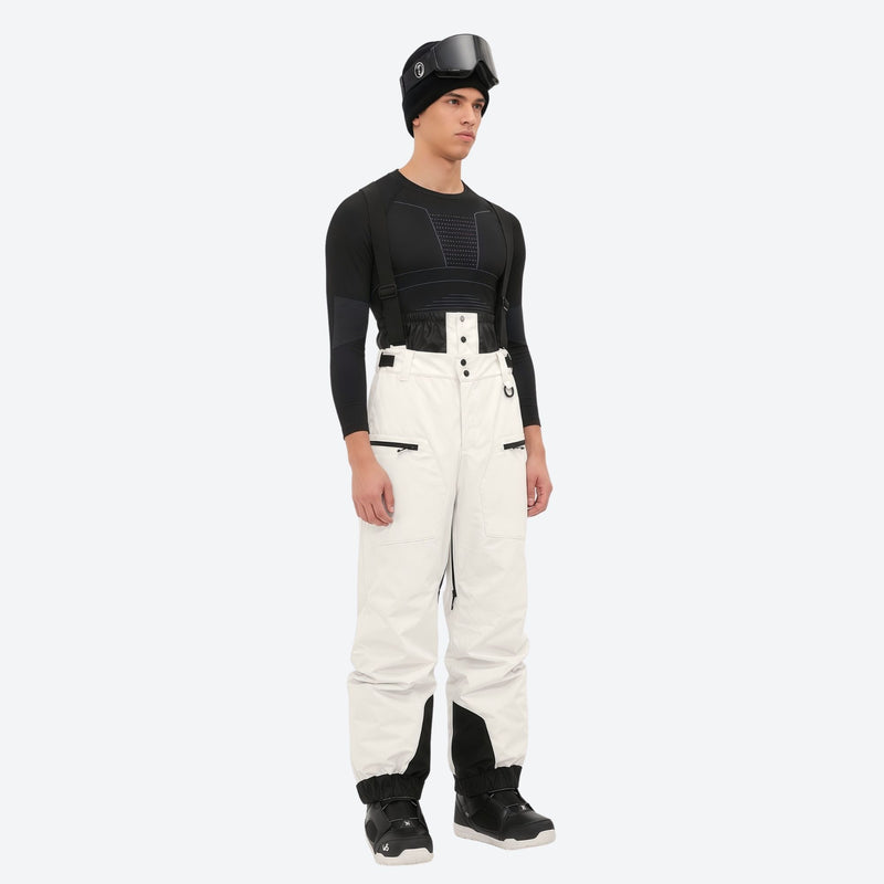 Men's adjustable ski pants with suspenders - cream bib pants, on-model three-quarter front view, for deep powder winter days