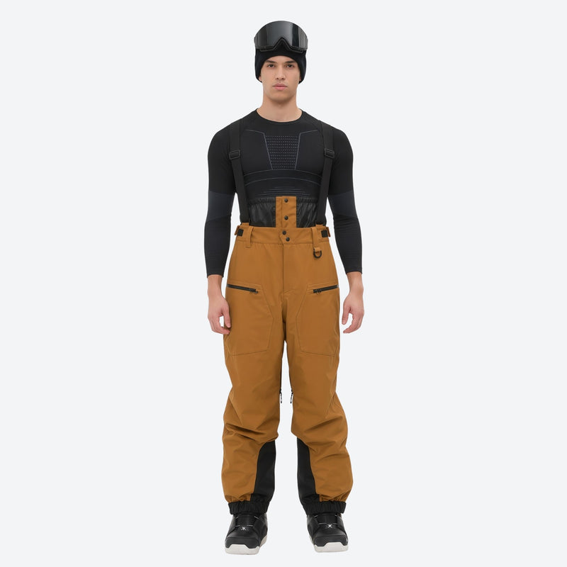 Insulated bib snow pants for men - amber tan bib pants, on-model front view, for cold-weather winter sports