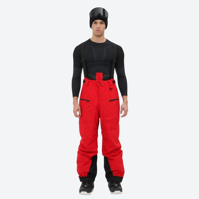 Men's adjustable ski pants with suspenders - red bib pants, on-model front view, for skiing and snowboarding