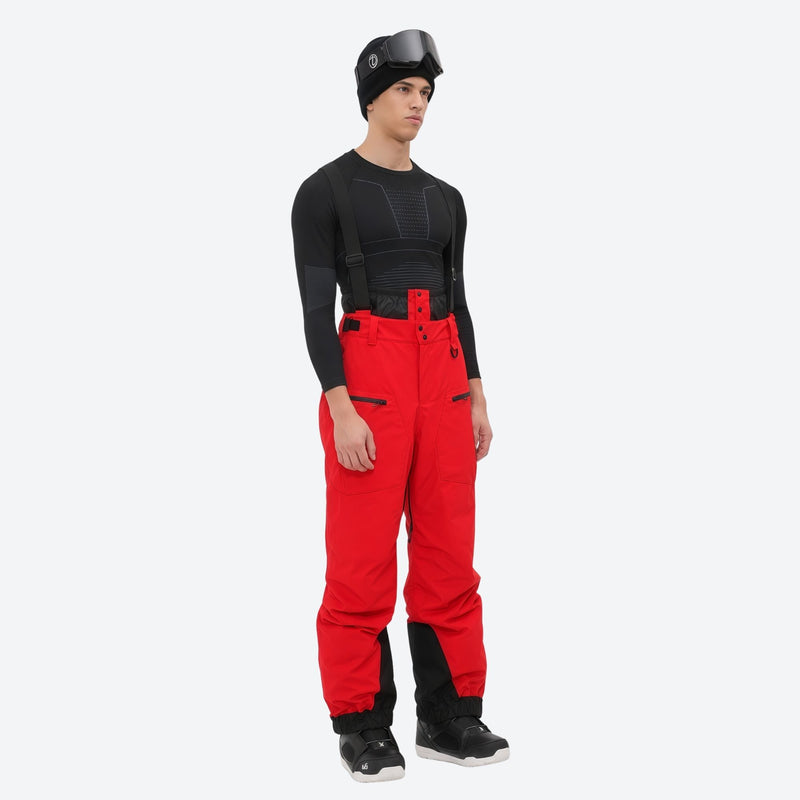 Men's 3L waterproof suspender snow pants - red bib pants, on-model side view, for resort and backcountry days