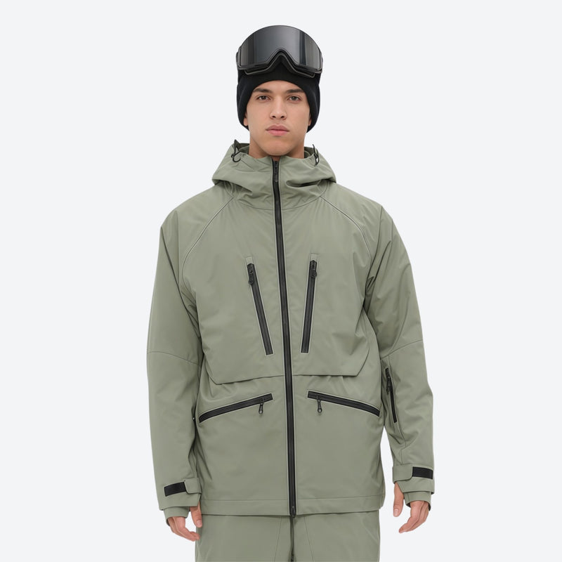 Insulated bib snow pants for men - sage green, on-model front view, for cold-weather winter sports
