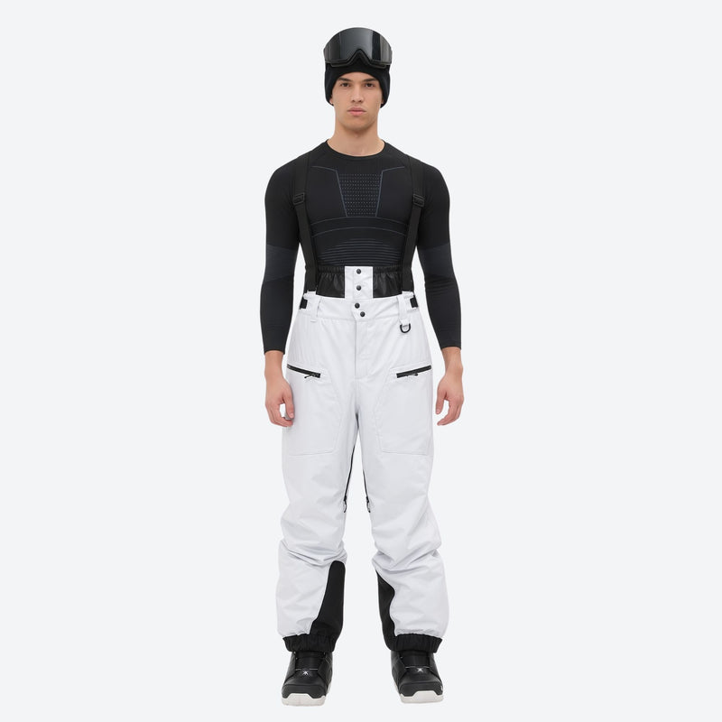Insulated bib snow pants for men - white bib pants, on-model front view, for resort and backcountry days