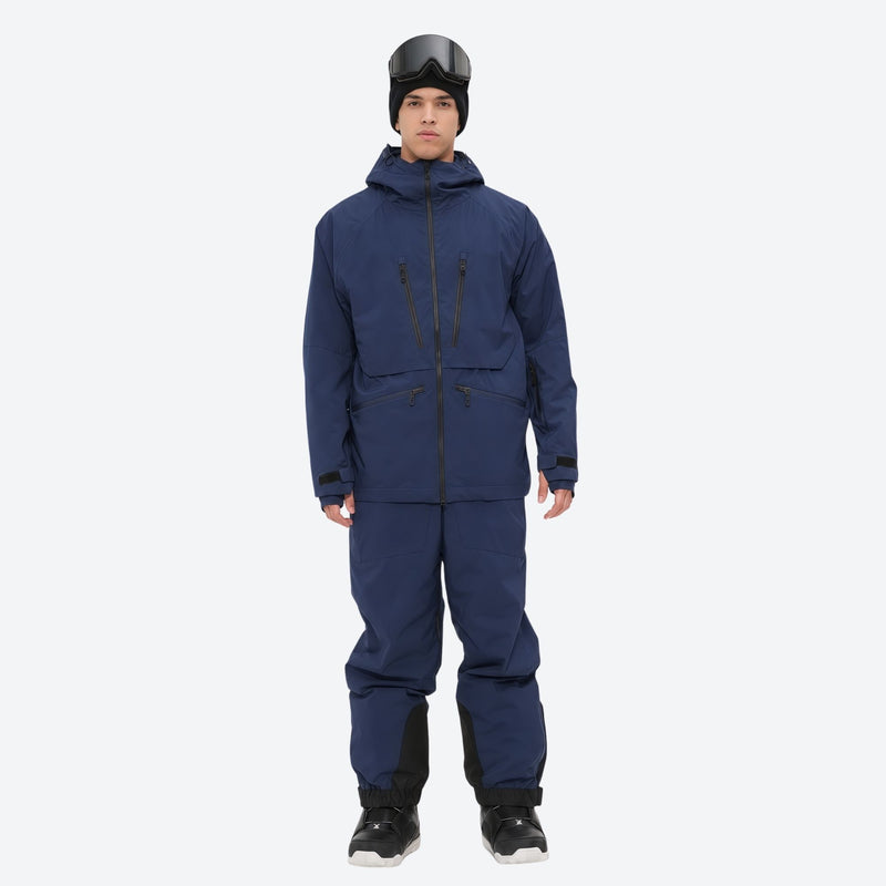 Men's 3L waterproof suspender snow pants - navy jacket with navy pants, for deep powder winter days