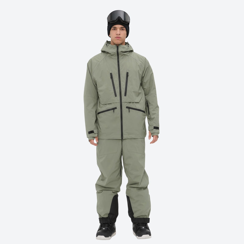Men's adjustable ski pants with suspenders - sage green jacket with sage pants, for cold-weather winter sports