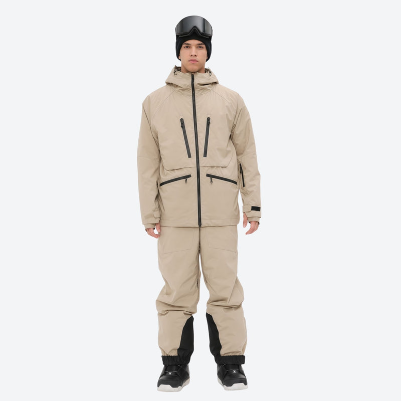 Insulated bib snow pants for men - tan jacket with tan pants, on-model full-body front view, for resort and backcountry days
