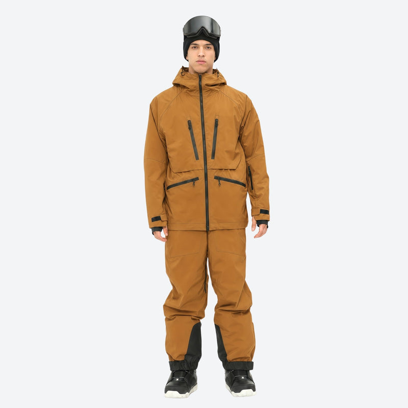 Insulated bib snow pants for men - amber tan jacket with amber pants, for deep powder winter days