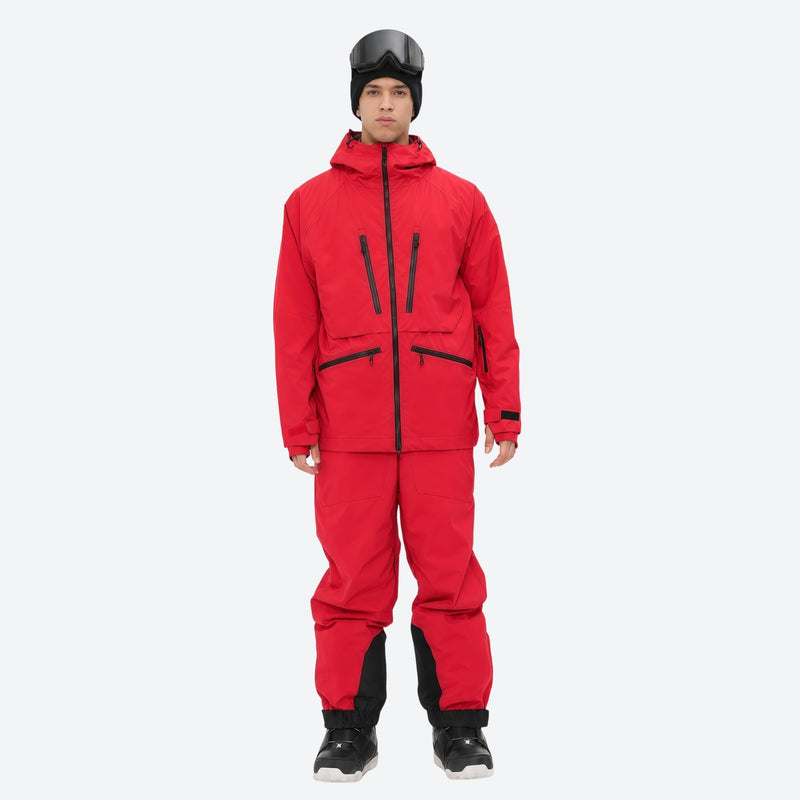 Men's adjustable ski pants with suspenders - red jacket with red pants, for cold-weather winter sports