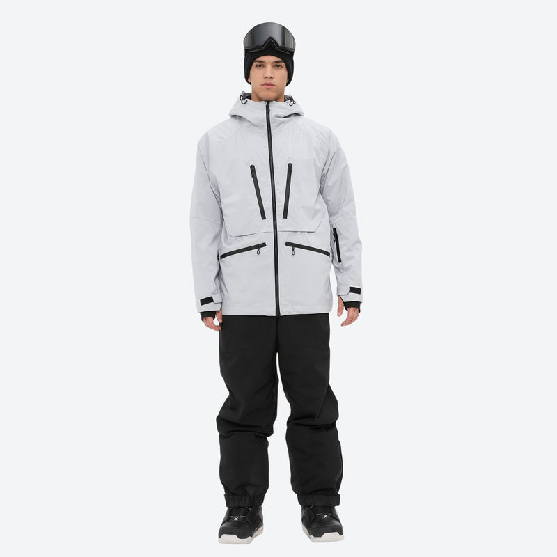 Insulated bib snow pants for men - light gray jacket with black pants, for skiing and snowboarding