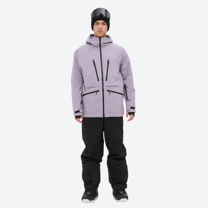 Insulated bib snow pants for men - lavender jacket with black pants, for skiing and snowboarding
