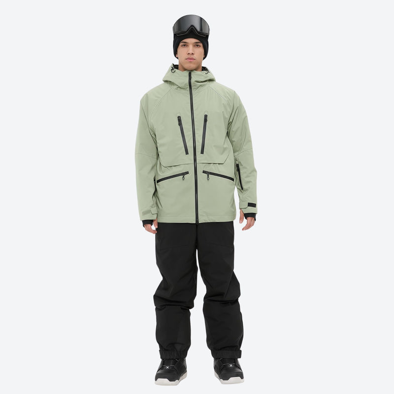 Men's 3L waterproof suspender snow pants - sage green jacket with black pants, for deep powder winter days