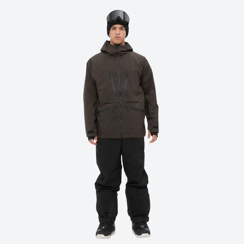 Men's adjustable ski pants with suspenders - coffee brown jacket with black pants, for resort and backcountry days