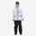 Men's 3L waterproof suspender snow pants - white marble print jacket with black pants, for skiing and snowboarding